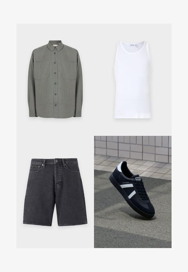 Grå skjorte med knapper lavet af bomuldsblanding. Har en klassisk krave, to brystlommer og lukning med knapper foran.; Hvid bomulds tanktop med rund hals og brede stropper. Glat tekstur, ingen mønstre, enkelt design og mærkeetiket på halsudskæringen.; Mørkegrå denimshorts med lige snit. Funktioner inkluderer to frontlommer, en baglomme og en metalknaplukning.; Sort lædersneaker med hvide striber, tekstureret gummisål og snørrebånd foran. Har et brandet mærke på tungen.
