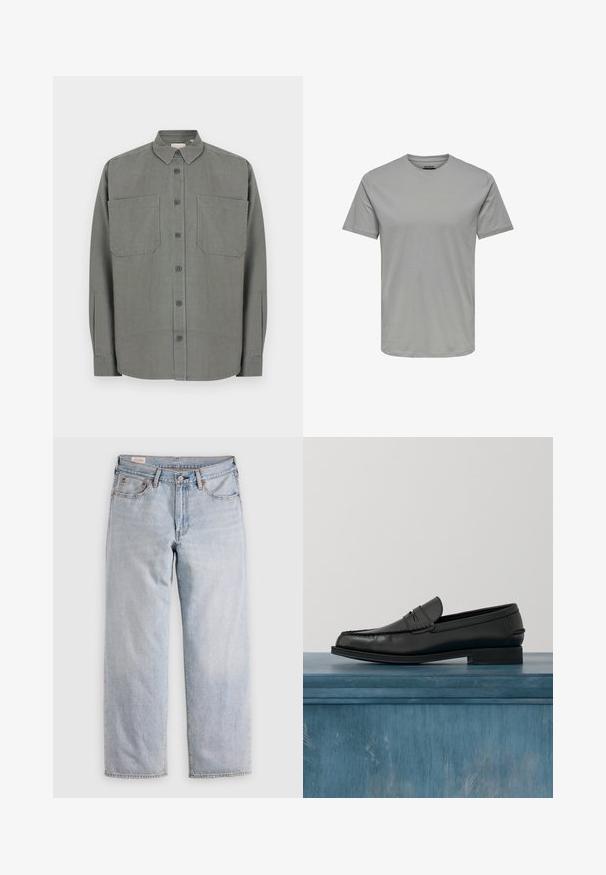 Grå skjorte med knapper lavet af bomuldsblanding. Har en klassisk krave, to brystlommer og lukning med knapper foran.; Grå crew-neck t-shirt lavet af blødt bomuld, med korte ærmer og en afslappet pasform. Ingen synlige logoer eller mønstre.; Lyseblå lige ben jeans med høj talje, knaplukning samt for- og baglommer, præsenteret på en flad overflade.; Sorte læderloafers med et slankt design, der har syning ved tåen og en glat finish. Skoen har en lav hæl og minimal udsmykning.
