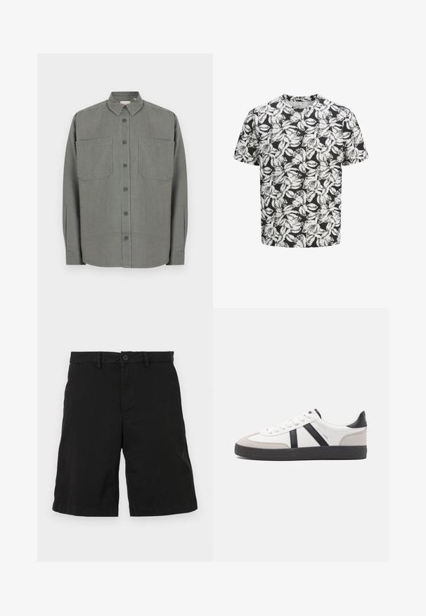 Chemise grise à boutons en tissu mélangé coton. Elle présente un col classique, deux poches poitrine et une fermeture à boutons sur le devant.; T-shirt à manches courtes en tissu doux avec un fond noir et un motif de feuilles blanches. Encolure ronde, coupe décontractée.; Shorts noirs en coton avec un design à l'avant plat, dotés d'une fermeture à bouton et de poches latérales, sans motifs ni accents visibles.; Baskets blanches avec des accents noirs et gris, présentant un embout texturé gris, une semelle en caoutchouc noir et des lacets plats blancs. Design épuré, style minimaliste.
