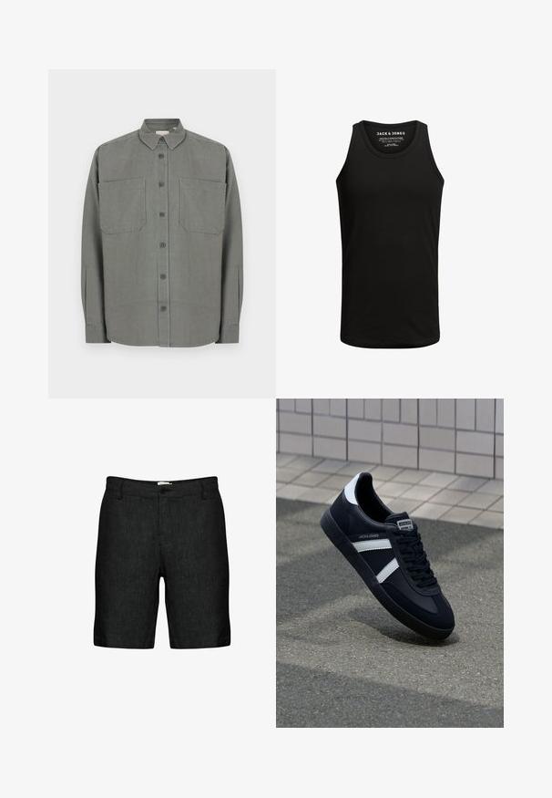 Grau Hemd mit Knöpfen aus einem Baumwollmischgewebe. Verfügt über einen klassischen Kragen, zwei Brusttaschen und eine vordere Knopfleiste.; Schwarzes Tanktop aus einer Baumwollmischung, mit klassischem Rundhalsausschnitt und ärmellos Design. Schlichte Textur ohne Muster oder Akzente.; Schwarze Leinen-Shorts mit flachem Vorderteil, Gürtelschlaufen und einem einzelnen Knopfverschluss. Sie verfügen über einen strukturierten Stoff und leicht tapered Beine.; Schwarze Leder-Sneaker mit weißen Streifen, strukturiertem Gummisohle und Schnürung. Verfügt über ein Markenetikett auf der Zunge.