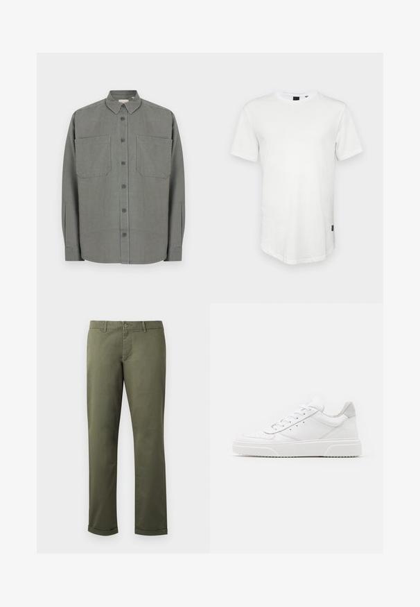Chemise grise à boutons en tissu mélangé coton. Elle présente un col classique, deux poches poitrine et une fermeture à boutons sur le devant.; T-shirt blanc à manches courtes en coton, avec un col rond et un dos légèrement allongé, arborant un petit logo sur le côté.; Pantalons en coton vert olive avec une coupe droite, ourlets retroussés, poches avant et fermeture à bouton. Texture lisse avec des détails de couture subtils.; Des baskets en cuir blanc avec une finition lisse, un bout rond, des lacets plats et une semelle texturée. Accents en daim gris au niveau du talon.