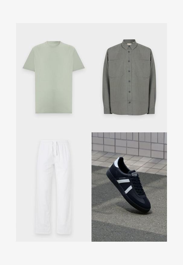 Chemise grise à boutons en tissu mélangé coton. Elle présente un col classique, deux poches poitrine et une fermeture à boutons sur le devant.; T-shirt vert clair à manches courtes et col rond avec une texture subtile de rayures horizontales, présenté sur un fond neutre.; Pantalons en coton blancs légers, avec une taille élastique et un cordon de serrage ; présentent des jambes larges et une surface lisse et non texturée.; Sneaker en cuir noir avec des rayures blanches, semelle en caoutchouc texturée et devant à lacets. Présente une étiquette de marque sur la languette.