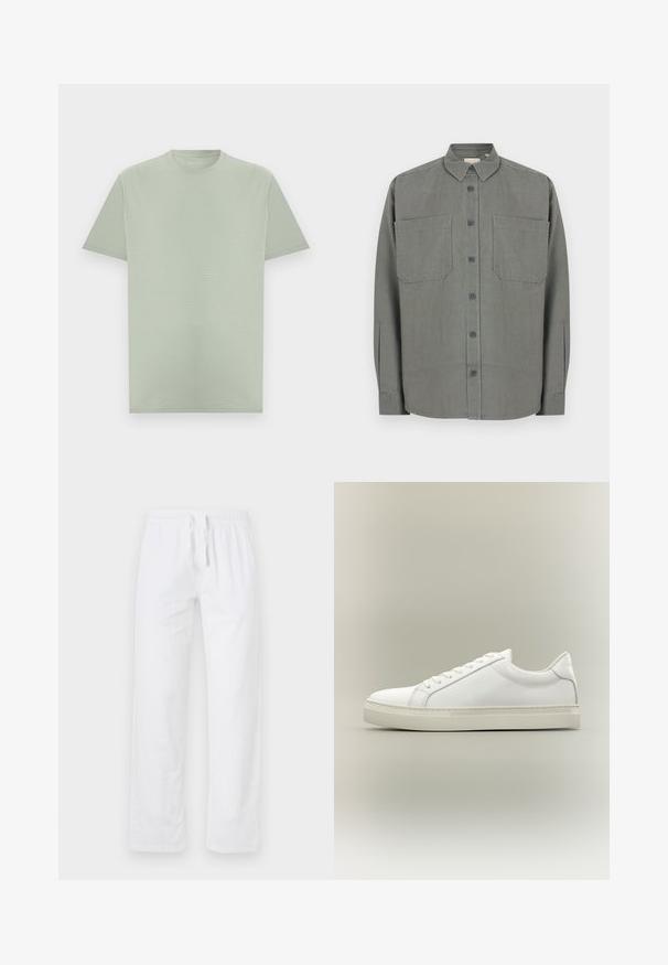 Chemise grise à boutons en tissu mélangé coton. Elle présente un col classique, deux poches poitrine et une fermeture à boutons sur le devant.; T-shirt vert clair à manches courtes et col rond avec une texture subtile de rayures horizontales, présenté sur un fond neutre.; Pantalons en coton blancs légers, avec une taille élastique et un cordon de serrage ; présentent des jambes larges et une surface lisse et non texturée.; Baskets blanches basses à lacets sur l’avant et semelle épaisse, vues de côté sur un fond neutre.