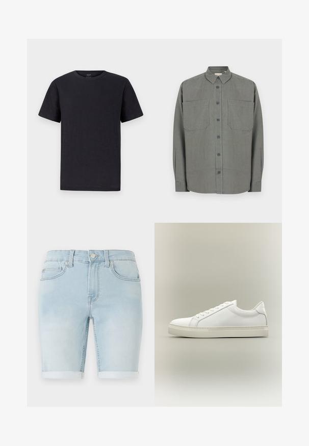 Grijs overhemd met knopen, gemaakt van een katoenmengsel. Heeft een klassieke kraag, twee borstzakken en een sluiting met knopen aan de voorkant.; Zwarte t-shirt van een zachte, lichtgewicht stof met een klassieke ronde halslijn en korte mouwen. Eenvoudig, effen ontwerp zonder patronen of accenten.; Lichtblauwe denim shorts met een opgerolde zoom, klassiek vijf-pocket ontwerp en een knoopsluiting aan de voorkant. Soepele textuur met een lichte vervaging.; Witte lage sneaker met veters aan de voorkant en dikke zool, zijaanzicht tegen een neutrale achtergrond.