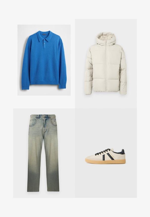 Doudoune beige clair avec capuche, présentant une fermeture éclair à l'avant, un motif matelassé et une doublure intérieure douce pour chaleur et confort.; Pull-over bleu avec un col à revers, une patte de boutonnage à trois boutons et des poignets et ourlet côtelés. Texture douce, design décontracté.; Jean en denim délavé à jambe droite avec cinq poches, fermeture par bouton, et détails de couture subtils près des poches avant.; Baskets décontractées en crème avec des rayures noires, présentant un dessus texturé et une semelle en caoutchouc. Les lacets sont noirs. Logo discret sur le côté.