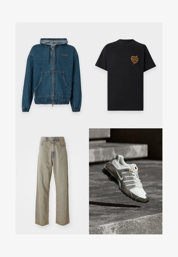 Denimblå hættetrøje med lynlås, frontlomme, elastiske manchetter og kant, snøre i hætten samt lille Timberland-logo på venstre bryst.; Sort T-shirt med korte ærmer, med en lille orange hjerteformet logo og teksten "Dickies" på venstre bryst.; Lys grå brede jeans i denim, med en falmet tekstur, synlige syninger og traditionel knap- og lynlåslukning.; Hvid og grå Nike Shox sneaker med sort sål svævende over betontrin i blødt naturligt lys.