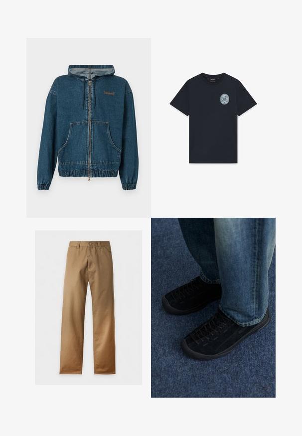 Sudadera con capucha de cremallera azul vaquero, con bolsillo frontal tipo canguro, puños y bajo elásticos, capucha con cordón ajustable y pequeño logo de Timberland en el pecho izquierdo.; Camiseta de manga corta azul marino con cuello redondo y pequeño logo circular azul claro en el lado izquierdo del pecho que dice "Lyle & Scott".; Pantalones marrón caqui de pierna recta con trabillas para cinturón, cierre de botón y bolsillos delanteros, mostrados sobre un fondo blanco.; Zapatillas de ante negro con superficie texturizada, cordones sutiles y suelas de goma duraderas, combinadas con jeans de denim azul.
