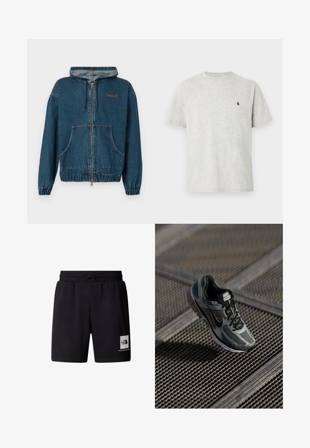 Denim sininen vetoketjullinen huppari, jossa edessä läppätasku, joustavat hihansuut ja helma, kiristysnauhallinen huppu sekä pieni Timberland-logo vasemmalla rinnalla.; Vaaleanharmaa lyhythihainen puuvillapaita, jossa pyöreä pääntie ja pieni musta logo vasemmassa rinnassa. Sileä pinta.; Mustat urheilushortsit, jotka on valmistettu pehmeästä kankaasta. Niissä on joustava vyötärönauha, jossa on naru, sekä valkoinen logopatch vasemmassa reidessä.; Nike Vomero 5 lenkkari sisältää harmaan verkko- ja synteettipinnan, mustia yksityiskohtia, pehmustetun varren ja pehmustetun pohjan mukavuutta varten.