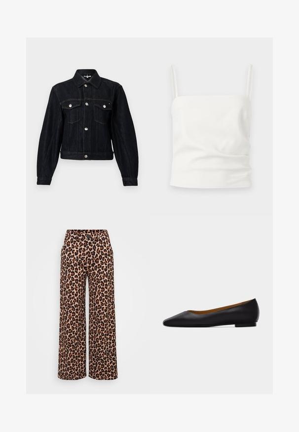 Chaqueta de mezclilla oscura con cuello con solapa, botones a presión plateados, dos bolsillos en el pecho y diseño corto. Presenta costuras visibles y mangas largas.; Top blanco sin mangas, corto, con tirantes finos, escote cuadrado y detalles sutiles de tela fruncida.; Even&Odd Petite P-EO-AW21-A-003-SP / PETITE_TAILORED WIDE LEG TROUSERS - Pantalones - brown; Zapato plano de punta puntiaguda de cuero negro con tacón bajo y acabado liso, mostrado de perfil sobre un fondo gris claro.