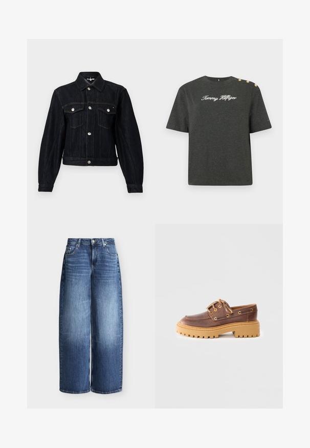 Veste en denim foncé avec col à revers, boutons pression argentés, deux poches poitrine et coupe courte. Présente des coutures apparentes et des manches longues.; T-shirt à manches courtes gris foncé en coton avec un col rond, comportant un logo "Tommy Hilfiger" brodé en blanc et trois boutons décoratifs dorés.; Jean bleu à jambes larges avec fermeture devant par bouton et zip, passants pour ceinture et design classique cinq poches sur fond uni.; Chaussure en cuir marron avec un bout arrondi, un laçage, une semelle en caoutchouc et des œillets dorés. Surface texturée et semelle épaisse pour une meilleure adhérence.