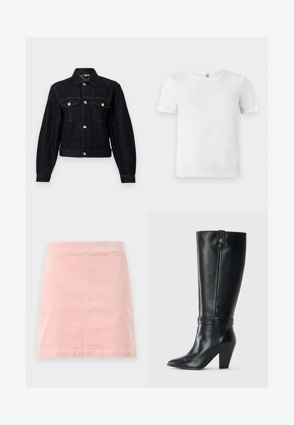 Dunkle Jeansjacke mit Kragen, silbernen Druckknöpfen, zwei Brusttaschen und kurzem Schnitt. Verfügt über sichtbare Nähte und lange Ärmel.; Weißes T-Shirt mit kurzen Ärmeln und gerippter Textur. Klassischer Rundhalsausschnitt, keine sichtbaren Logos oder Muster und ein einfaches, schlichtes Design.; Rosa Cord-Ripp-Minirock mit taillierter Passform und vertikaler Rippstruktur. Der Saum ist gerade und er hat ein schlichtes Design ohne Verzierungen.; Schwarze Lederstiefelette bis zur Wade mit spitzer Zehe, Blockabsatz, dekorativem Riemen um den Knöchel und kleinem Metalllogo nahe der oberen Kante.