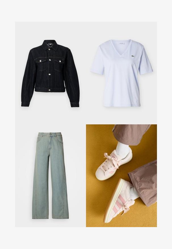 Mørk denimjakke med krave, sølvfarvede trykknapper, to brystlommer og et kort design. Har synlige syninger og lange ærmer.; Lyseblå kortærmet T-shirt med V-hals og en lille grøn krokodille-logo på venstre bryst, vist på en ensfarvet baggrund.; Lyseblå bredbuks jeans lavet af denim, med knap- og lynlås-lukning, fem lommer og kontrasterende syninger.; Lyserøde ruskinds sneakers med matchende striber, hvide snørebånd og en cremefarvet sål. Båret med hvide sokker og løse brune bukser på en gul baggrund.