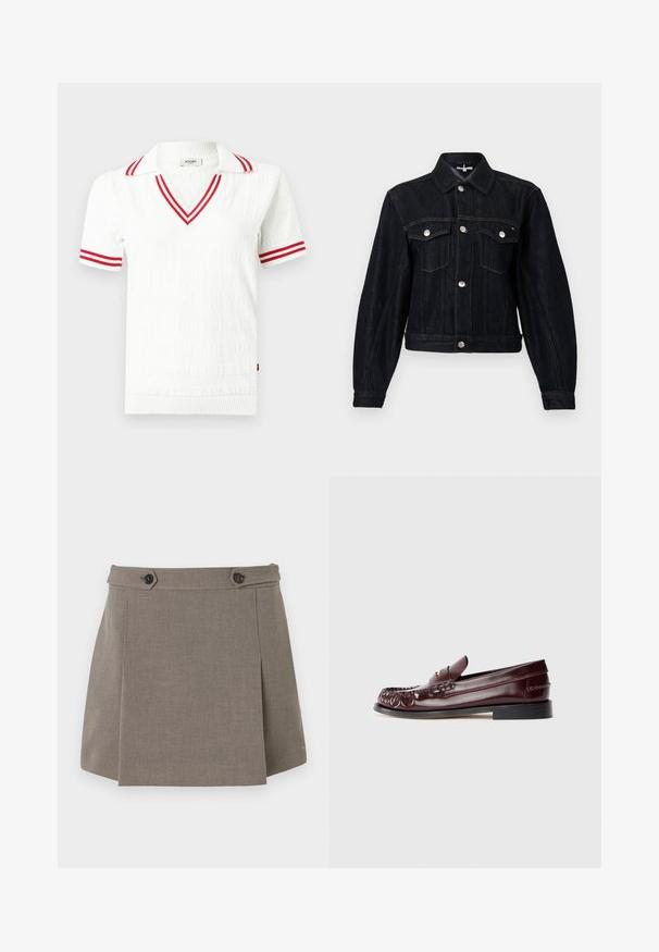 Veste en denim foncé avec col à revers, boutons pression argentés, deux poches poitrine et coupe courte. Présente des coutures apparentes et des manches longues.; Polo blanc à manches courtes en maille avec doubles rayures rouges sur le col et les poignets des manches, col en V et motif subtil en relief de texte.; Jupe mini en tissu taupe avec un surplis à l'avant, deux boutons noirs à la taille et un discret logo sur l'ourlet.; Mocassin penny en cuir bordeaux avec semelle noire et détail en métal doré sur le dessus, présenté en vue latérale sur fond blanc.