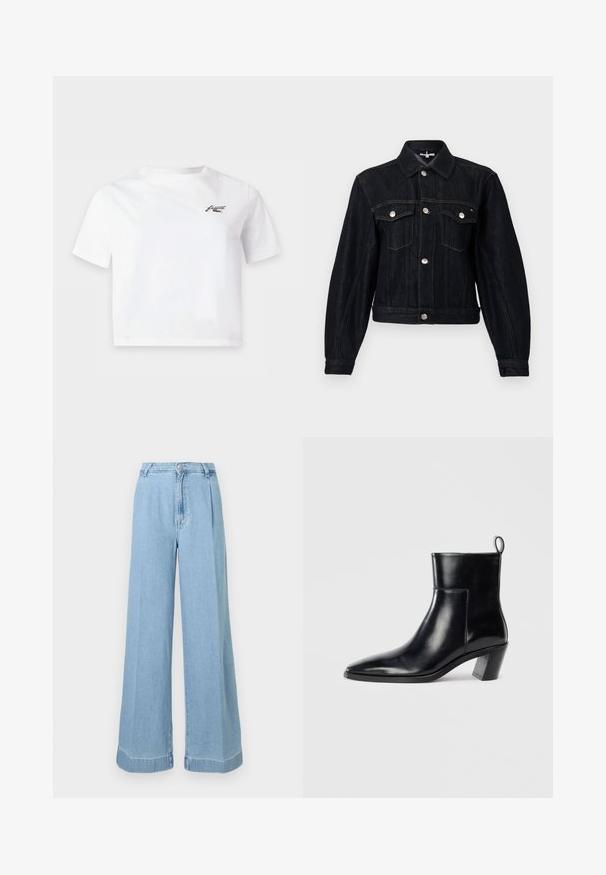 Veste en denim foncé avec col à revers, boutons pression argentés, deux poches poitrine et coupe courte. Présente des coutures apparentes et des manches longues.; T-shirt blanc court à manches courtes avec un petit logo noir sur la poitrine gauche.; Jeans en denim bleu clair à jambe large, avec une taille haute, des plis à l'avant et un ourlet brut pour un look décontracté.; Bottine en cuir noir avec un bout pointu, un talon empilé géométrique et une languette à l'arrière. Texture lisse et design épuré.