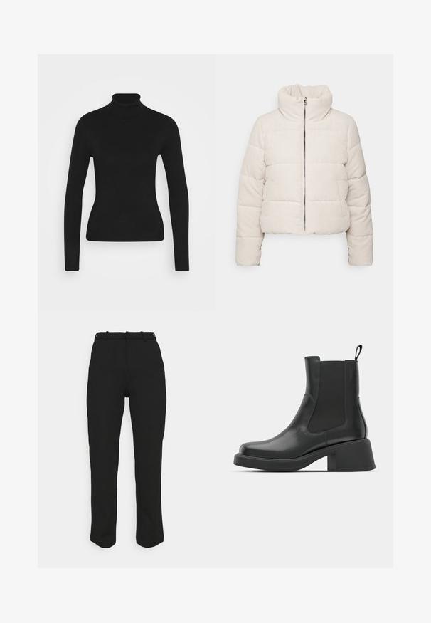 Afskåret pufferjakke i lys beige corduroy med høj krave, frontlynlås og to sidelommer med vandret quiltet tekstur.; Sort turtleneck sweater med lange ærmer, lavet af et glat strikket stof. Har et tætsiddende design og en ribbet krave.; Sorte skræddersyede bukser med en lige pasform, fremstillet af et glat stof. Har bæltestropper og en ren talje uden synlige lommer.; Sorte læder ankelstøvler med elastiske sidepaneler, afrundet tå og en kraftig blokhæl. Glat tekstur med et minimalistisk design.