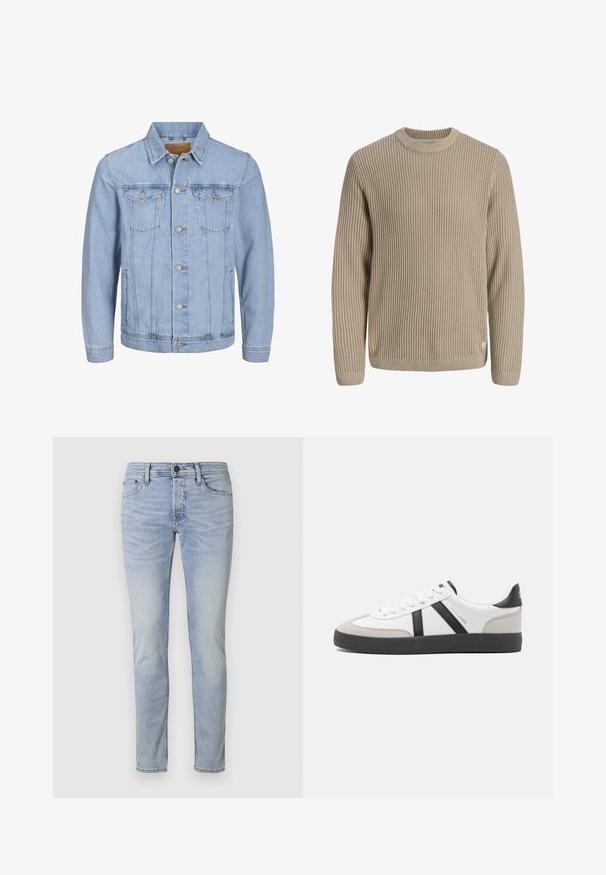 Helles blaues Jeansjackett mit Kragen, Knopfverschluss, zwei Brusttaschen, Seitentaschen und gestickten Details entlang der Nähte.; Beiger gerippter Strickpullover mit langen Ärmeln und rundem Ausschnitt, vor einem hellen Hintergrund dargestellt.; Hellblaue Jeans im Slim-Fit-Stil mit einem Fünf-Taschen-Design und einem Reißverschluss. Sie weisen subtile Ausbleichungen und gestickte Details an den Nähten auf.; Weiße Sneaker mit schwarz- und grau-aczenten, ausgestattet mit einer strukturierten grauen Zehenkappe, schwarzer Gummi-Sohle und flachen weißen Schnürsenkeln. Sauberes Design, minimalistische Stil.