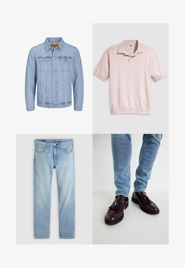 Lys blå denimjakke med krave, knaplukning, to brystlommer, sidelommer og stikninger langs sømmene.; Lyserød polo shirt med korte ærmer, krave, enkelt knaplukning og ribstrikkede manchetter og kant.; Lyseblå jeans med lige ben, fem lommer, knaplukning og synlige syninger på en ensfarvet baggrund.; Bordeaux læder loafers med kvaster og en tekstureret overdel, parret med lyseblå denimjeans. Sort gummisål synlig.