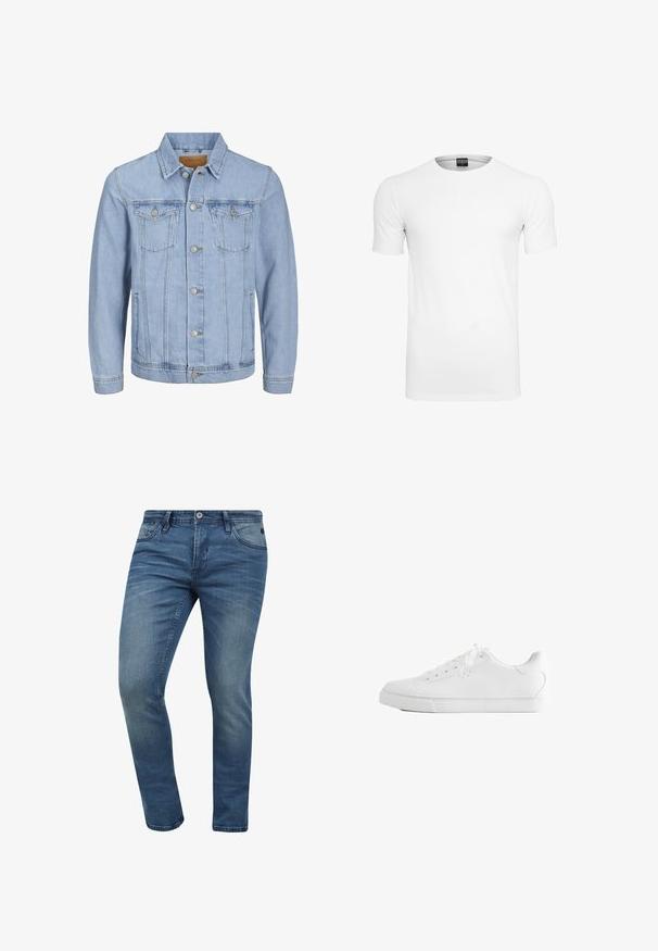 Helles blaues Jeansjackett mit Kragen, Knopfverschluss, zwei Brusttaschen, Seitentaschen und gestickten Details entlang der Nähte.; Schlichtes weißes T-Shirt mit kurzen Ärmeln und Rundhalsausschnitt, mit einem schwarzen Label innen im Kragen vor weißem Hintergrund.; Schmale, blaue Denim-Jeans mit verblasster Waschung, fünf Taschen-Design und einem Metallknopfverschluss. Der Stoff weist eine leichte Textur und Stickdetails auf.; Weißer Low-Top-Sneaker mit Schnürsenkeln, glattem Lederobermaterial und flacher Gummisohle, seitlich auf weißem Hintergrund gezeigt.