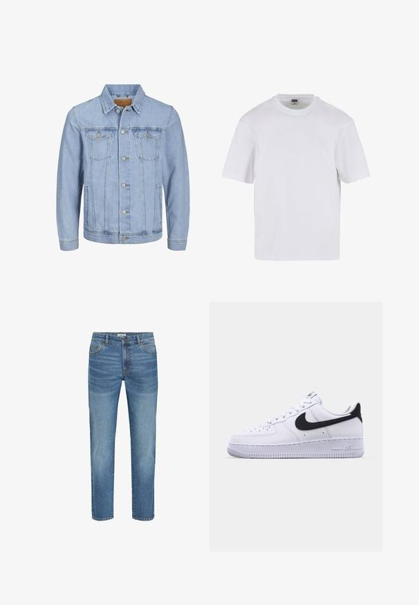 Helles blaues Jeansjackett mit Kragen, Knopfverschluss, zwei Brusttaschen, Seitentaschen und gestickten Details entlang der Nähte.; Weißes T-Shirt mit kurzen Ärmeln aus Baumwolle. Besitzt einen Rundhalsausschnitt und eine lockere Passform. Glatte Textur, minimalistisches Design, ohne Muster oder Akzente.; Hellblaue Jeans aus Denim mit klassischem geradem Bein, ausgestattet mit fünf Taschen, Metallknopfverschluss und leichtem Verblassen des Stoffes.; Weißes Leder-Sneaker mit einem strukturierten schwarzen Swoosh, flachen Schnürsenkeln und einer Gummisohle mit genoppetem Muster. "AIR" ist auf der Ferse eingeprägt.
