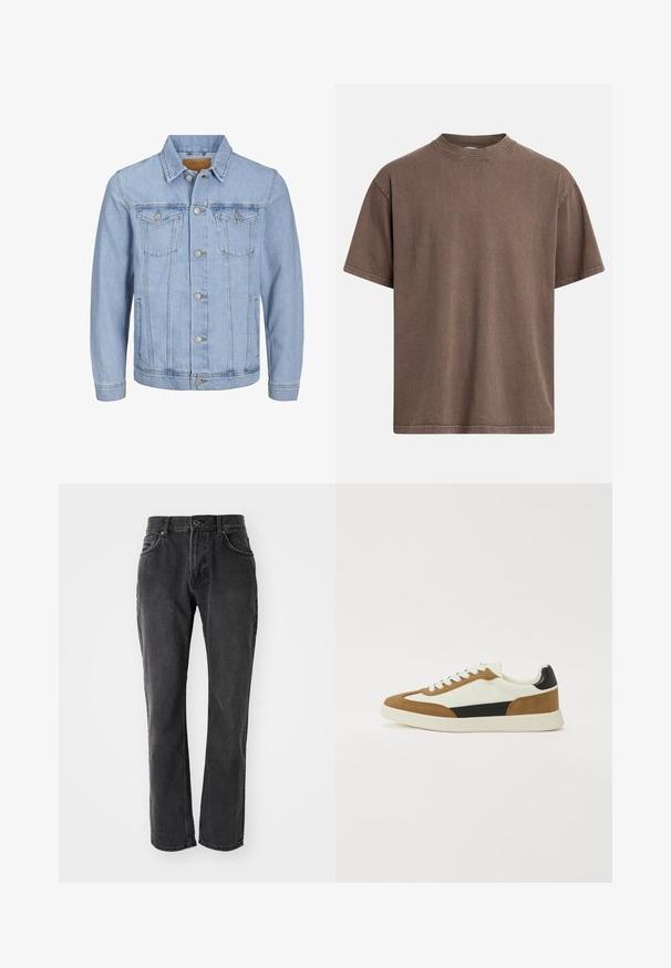 Lichtblauwe denim jas met een kraag, knoopsluiting, twee borstzakken, zijzakken en gestikte details langs de naden.; Bruin katoenen T-shirt, korte mouwen, ronde hals, losse pasvorm, gladde textuur, eenvoudig ontwerp en zichtbare stiksels op zoom en mouwen.; Zwarte denim jeans met een rechte pasvorm, voorzien van vijf zakken, een knoopsluiting en gestikte details langs de naden en zakken.; Sneakers met een mix van witte, bruine en zwarte materialen, met een design van suede en leer, een ronde neus en een platte rubberen zool.