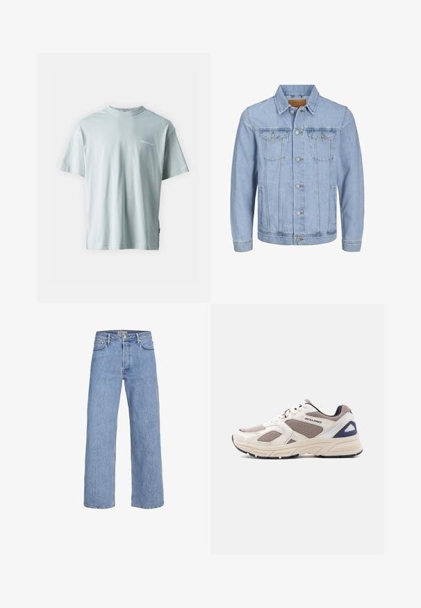 Light blue denim jacket with a collar, button closure, two chest pockets, side pockets, and stitched details along the seams.; Light blue cotton T-shirt with a crew neckline and short sleeves; features a small white "ORIGINALS" text detail on the front left.; Light blue denim wide-leg jeans with a high waist, five-pocket design, and subtle stitching details. Smooth texture and straight-cut legs.; Beige and taupe mesh and synthetic athletic shoe with lace-up front, cushioned sole, and "JACK & JONES" branding on side.