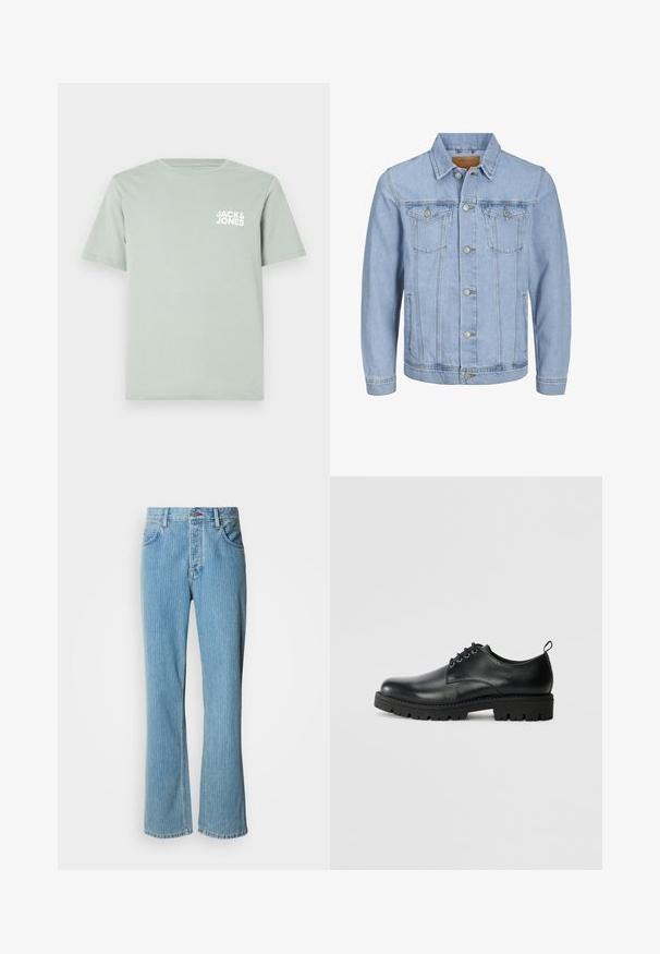 Lichtblauwe denim jas met een kraag, knoopsluiting, twee borstzakken, zijzakken en gestikte details langs de naden.; Lichtgroene katoenen T-shirt met een ronde halslijn en korte mouwen. Voorzien van een wit logo "JACK & JONES" dat op de linkerborst is gedrukt.; Lichtblauwe denim flared jeans met een hoge taille, verticale strepen en een ontwerp met vijf zakken, voorzien van een knoopsluiting aan de voorkant.; Zwarte lederen schoen met een ronde neus, voorzien van een vetersluiting, stevige zwarte rubberen zool en een klein hieltabje aan de achterkant.