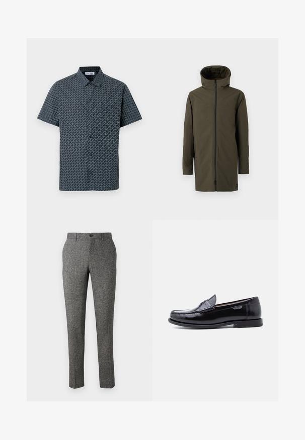 Samsøe Samsøe CLAUS JACKET - Veste imperméable - forest night; Chemise à manches courtes bleu marine avec un motif zigzag blanc. Elle dispose d'un col classique et d'une fermeture à boutons sur le devant. Tissu avec une texture lisse.; Lindbergh PANTS - Pantalon classique - brown; Mocassins en cuir noir avec une finition brillante, présentant un motif cousu sur l'avant-pied et une semelle en caoutchouc noire texturée et basse.