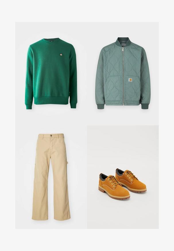 Blouson aviateur matelassé de couleur verte douce, avec fermeture éclair sur le devant, poignets en maille côtelée et deux poches avant avec écusson logo.; Sweatshirt vert en tissu mélangé coton. Il dispose d'un col rond côtelé, de manches longues et d'un petit logo cousu sur la poitrine.; Pantalons cargo larges beiges avec fermeture à bouton, dotés de poches latérales, fabriqués en coton robuste, avec une texture lisse et un design droit.; Chaussures en daim marron avec un bout rond, des lacets jaunes, un col rembourré noir et des semelles en caoutchouc avec des rainures de traction.