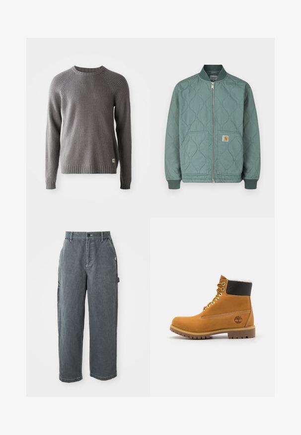 Chaqueta bomber acolchada en verde apagado, con cierre frontal de cremallera, puños acanalados y dos bolsillos delanteros con parche de logo.; Suéter de punto acanalado gris con mangas largas y cuello redondo. Presenta una superficie texturizada y una pequeña etiqueta con el logotipo en el dobladillo.; Pantalones de trabajo rectos de color gris oscuro con trabillas para cinturón, botón delantero y cremallera, bolsillos laterales y un lazo para martillo en la pierna derecha.; Botín de cuero marrón con ojales de metal, forro de piel sintética blanca, cuello acolchado negro, suela resistente y logotipo en relieve en el costado.