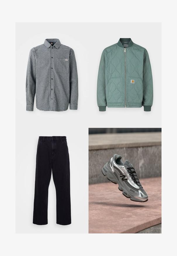 Chaqueta bomber acolchada en verde apagado, con cierre frontal de cremallera, puños acanalados y dos bolsillos delanteros con parche de logo.; Camisa de cuadros en blanco y negro de manga larga con botones, cuello y un pequeño parche con logo en el bolsillo del pecho izquierdo.; Pantalones de mezclilla negros con un diseño de pierna recta, que cuentan con un cierre de botón y cremallera, presillas para cinturón y detalles de costura mínimos.; Zapatilla New Balance gris y plateada con la etiqueta "1000" flotando sobre una superficie de piedra rosada con un fondo de pared de piedra gris.