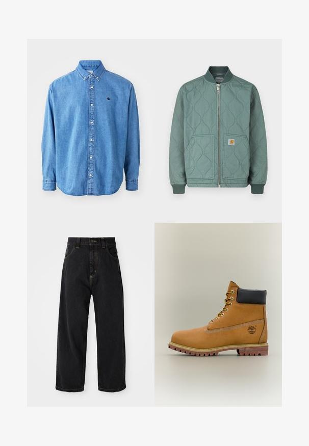 Quiltet bomberjakke i afdæmpet grøn med lynlås foran, ribstrikkede manchetter og to forlommer med en logopatch.; Denim button-down skjorte, lyseblå i farven, med krave, lange ærmer og et lille logo på brystet. Har hvide knapper og syninger.; Sorte denim jeans med vide ben og høj talje, frontknap, lynlås samt gule syninger på lommer og sømme.; Brun læderankelstøvle med sort krave, gule snørebånd og tanfarvet sål. Har logo og hvide syninger som detalje. Robust ydersål med greb.