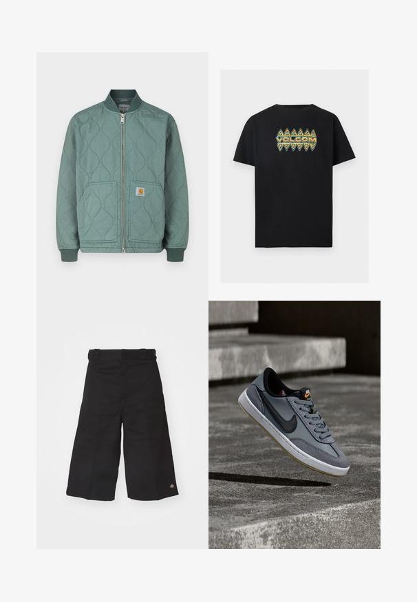 Chaqueta bomber acolchada en verde apagado, con cierre frontal de cremallera, puños acanalados y dos bolsillos delanteros con parche de logo.; Camiseta negra de manga corta con patrón geométrico de triángulos en azul y naranja y texto "VOLCOM" centrado en el pecho.; Pantalones cortos de pierna ancha en negro, hechos de un tejido duradero. Presentan una textura suave y un pequeño logo en el dobladillo. Cuatro trabillas en la cintura.; Zapatilla Nike de cuero y ante gris, con el logo swoosh negro, entresuela blanca y suela exterior de goma texturizada con detalles en color gomoso.