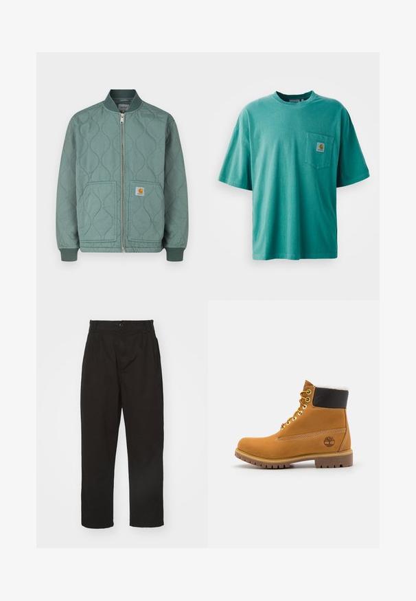 Chaqueta bomber acolchada en verde apagado, con cierre frontal de cremallera, puños acanalados y dos bolsillos delanteros con parche de logo.; Camiseta de algodón verde con cuello redondo, mangas cortas y un bolsillo frontal con un parche de logo. Textura suave y ajuste relajado.; Pantalones negros de tela suave, con cierre de botón, corte recto y dos pliegues frontales que añaden detalle.; Botín de cuero marrón con ojales de metal, forro de piel sintética blanca, cuello acolchado negro, suela resistente y logotipo en relieve en el costado.