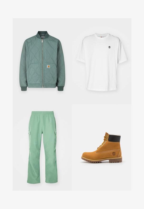 Blouson aviateur matelassé de couleur verte douce, avec fermeture éclair sur le devant, poignets en maille côtelée et deux poches avant avec écusson logo.; T-shirt en coton blanc avec un col rond, des manches courtes et un petit logo d'arbre noir sur la poitrine gauche. Tissu doux, coupe décontractée.; Pantalons cargo vert clair avec une taille élastique, fabriqués à partir d'un tissu lisse, comportant deux poches latérales et une coupe droite.; Bottine en cuir brun avec œillets en métal, doublure en fourrure blanche, col rembourré noir, semelle robuste et logo en relief sur le côté.
