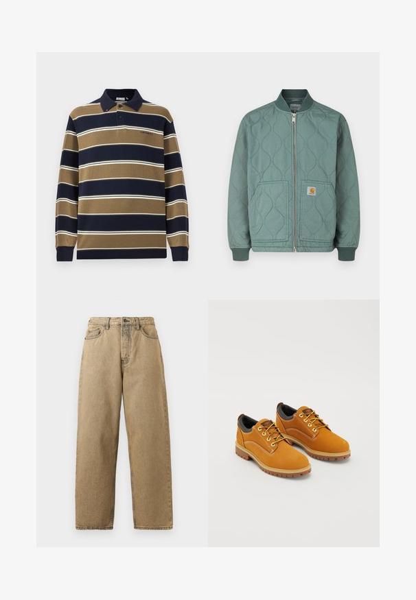 Gewatteerde bomberjack in gedempt groen, met een ritssluiting aan de voorkant, geribbelde manchetten en twee voorzakken met een logopatch.; Poloshirt met lange mouwen in marineblauw, beige en witte verticale strepen; beschikt over een kraag, drie knopen aan de voorkant en een geborduurd logo op de borst.; Tan denim jeans met een rechte pijpontwerp, voorzien van een rits, riemlussen en contrasterende stiksels. Geen opvallende patronen of hardwaredetails.; Bruine suède schoenen met een ronde neus, gele veters, een gewatteerde zwarte kraag en rubberen zolen met gripgroeven.