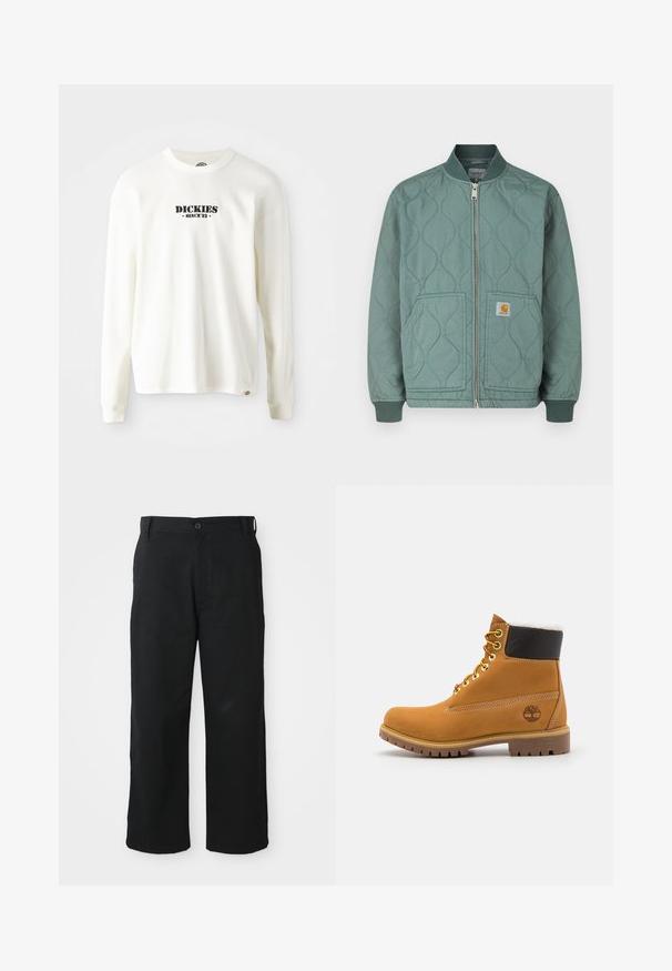 Gewatteerde bomberjack in gedempt groen, met een ritssluiting aan de voorkant, geribbelde manchetten en twee voorzakken met een logopatch.; Witte lange mouw geribbelde sweatshirt met een zwart logo "DICKIES" en "SINCE '22" eronder, ronde hals en manchetten.; Zwarte wijde broek gemaakt van een zachte stof. Voorzien van een knoopsluiting, riemlussen en rechte broekspijpen voor een ontspannen pasvorm.; Bruine leren enkellaars met metalen oogjes, witte faux bont voering, zwarte gewatteerde kraag, robuuste zool en een reliëflogo aan de zijkant.