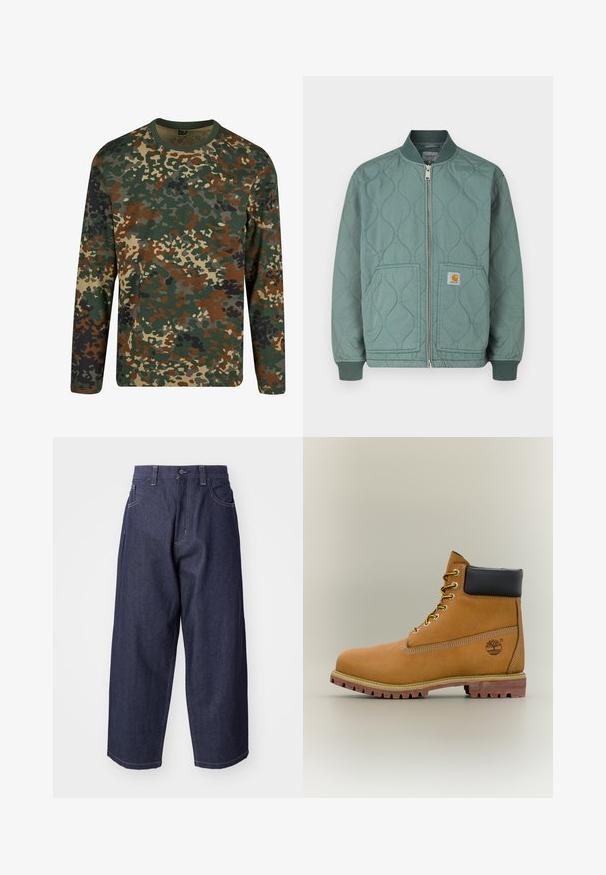 Gesteppte Bomberjacke in gedämpftem Grün mit Reißverschluss vorne, gerippten Bündchen und zwei Vordertaschen mit Logopatch.; Langärmliges Camouflage-T-Shirt in Grün, Braun und Beige mit einem runden Ausschnitt. Es verfügt über ein gemischtes Muster aus unregelmäßigen Flecken und Texturen.; Dunkelblaue Denim-Jeans mit einem lockeren, weiten Schnitt. Zu den Merkmalen gehören ein Knopfverschluss, Fronttaschen und sichtbare Nähte.; Brauner Leder-Stiefelette mit schwarzem Kragen, gelben Schnürsenkeln und hellbrauner Sohle. Verfügt über ein Logo und weiße Ziernähe. Robuste Profilsohle.