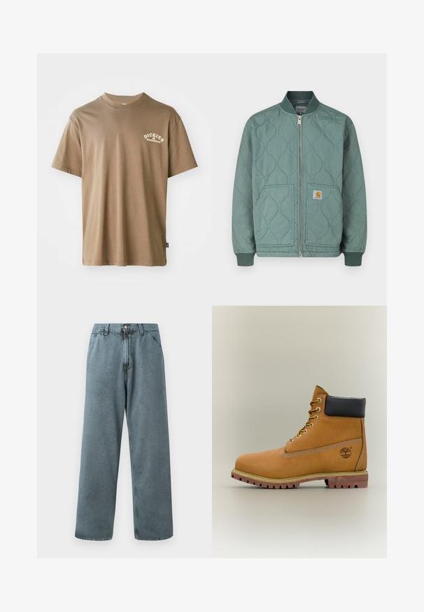 Gewatteerde bomberjack in gedempt groen, met een ritssluiting aan de voorkant, geribbelde manchetten en twee voorzakken met een logopatch.; Bruine katoenen T-shirt met een ronde hals, korte mouwen en een wit logo met de tekst "Dickies Workwear" op de linkerkant van de borst.; Lichtblauwe spijkerbroek met een rechte pasvorm, voorzien van een klassieke knoopsluiting en vijf zakken. Zachte textuur en minimale stikseldetails.; Bruine leren enkellaars met zwarte kraag, gele veters en een zandkleurige zool. Voorzien van een logo en witte stikseldetails. Robuuste loopzool met grip.