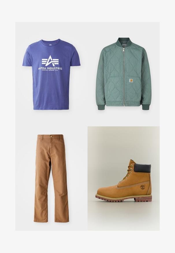 Chaqueta bomber acolchada en verde apagado, con cierre frontal de cremallera, puños acanalados y dos bolsillos delanteros con parche de logo.; Camiseta de algodón morada de manga corta, que presenta un logo blanco que incluye "ALPHA INDUSTRIES" y un diseño geométrico.; Pantalones rectos marrones con pasadores para cinturón, bolsillos frontales, cierre de botón y cremallera sobre un fondo blanco.; Bota de tobillo de cuero marrón con cuello negro, cordones amarillos y suela beige. Presenta un logotipo y detalles de costura blanca. Suela exterior con tracción robusta.
