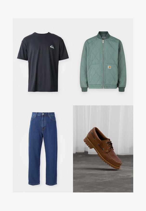 Chaqueta bomber acolchada en verde apagado, con cierre frontal de cremallera, puños acanalados y dos bolsillos delanteros con parche de logo.; Camiseta negra de manga corta hecha de una tela suave, con un pequeño logo blanco en la parte izquierda del pecho. Corte regular con cuello redondo.; Vaqueros de tiro alto de algodón, con una silueta de pierna recta, costuras visibles y un cierre de botón en la parte delantera.; Zapato náutico de cuero marrón con cordones negros, costuras beige y una suela resistente, suspendido sobre un suelo de hormigón gris.
