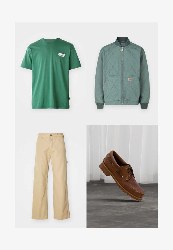 Gewatteerde bomberjack in gedempt groen, met een ritssluiting aan de voorkant, geribbelde manchetten en twee voorzakken met een logopatch.; Groene katoenen t-shirt met een ronde halslijn, korte mouwen en een wit logo op de linkerborst. Gladde textuur en een ontspannen pasvorm.; Beige wijde cargo broek met een knoopsluiting, voorzien van zijzakken, gemaakt van stevig katoen, met een soepele textuur en een recht gesneden ontwerp.; Bruine leren bootschoen met zwarte veters, beige stiksel en een robuuste zool, zwevend boven een grijze betonnen vloer.