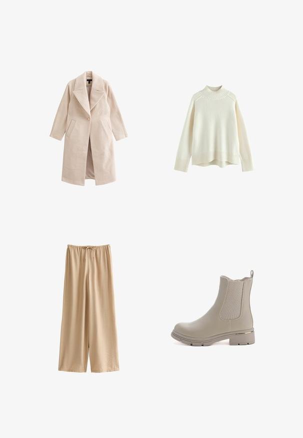 Beige uldblandet lang frakke med brede revers, enkelt knaplukning, skrå forlommer og lige silhuet.; Cremefarvet sweater med ribbet høj hals, lange ærmer og en afslappet pasform. Struktureret strikstof og ribbestykke detalje i bunden.; Nudemalet bukser med vide ben lavet af blødt, let stof, med elastik i taljen og snor samt en afslappet pasform.; Beige ankelstøvle med en glat læderfinish og elastiske sidelapper. Har en kraftig sål og et guldaccent på hælen.