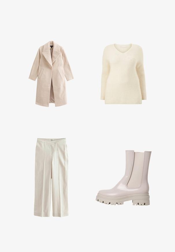 Beige uldblandet lang frakke med brede revers, enkelt knaplukning, skrå forlommer og lige silhuet.; Ellos Collection DREAMY - Striktrøje - weiß; Next ASYMETRIC WAITBAND TAILORED WIDE LEG - Bukser - neutral; Lys rosa glansende ankelstøvle med elastiske sidepaneler, robust grå gummisål og tekstureret mønster for bedre greb. Slank, minimalistisk design.