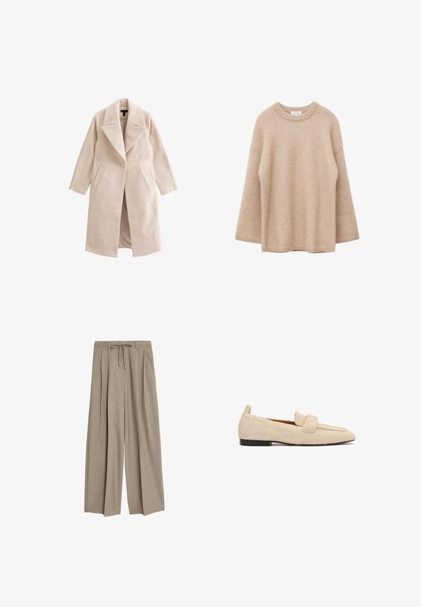 Beige uldblandet lang frakke med brede revers, enkelt knaplukning, skrå forlommer og lige silhuet.; Beige langærmet sweater med rund hals, blød og fnugget tekstur og løs pasform, vist mod en hvid baggrund.; Beige højtaljede bukser med en afslappet pasform, der har pletter og en snøre i taljen. Materialet ser ud til at være tekstureret og let.; Beige flad loafer med en tekstureret, pelslignende overflade, sort sål og en bred rem tværs over skoens øverste del.