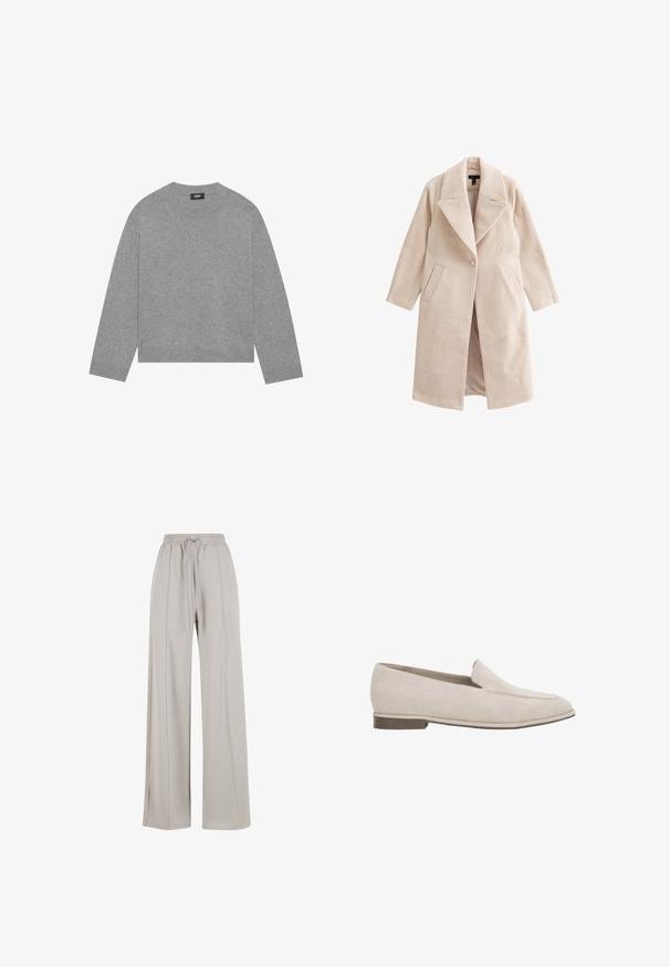 Beige wollenmix lange jas met brede revers, enkele knoopsluiting, schuine zijzakken en een rechte snit.; Grijze gebreide trui met lange mouwen, ronde halslijn en ribbelrand. Gemaakt van zacht materiaal, heeft een minimalistisch ontwerp zonder patronen.; Lichtbeige wijde broek van zachte stof, met een elastische tailleband en subtiele zijsplitten voor extra ontwerpdetails.; Beige suède instapper loafer met lage hak, puntige neus en minimale stiksel details aan de bovenzijde.