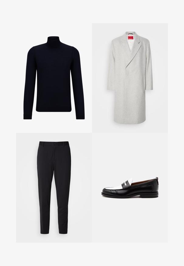 Grå uldblandingsfrakke med spidse klapkraver, lange ærmer og enkeltknapslukning. Har en klaplomme og et lyst rødt mærke indeni.; Mørkeblå turtleneck sweater lavet af fint strikstof, med lange ærmer og en tætsiddende, høj halsudskæring. Ingen synlige mønstre eller detaljer.; Sorte bukser med struktureret stof, der har en lige pasform, standard talje med en knap og sidelommer.; Sort-hvid læderloafer med syning, lav hæl og slip-on design, vist fra siden på en ensfarvet baggrund.