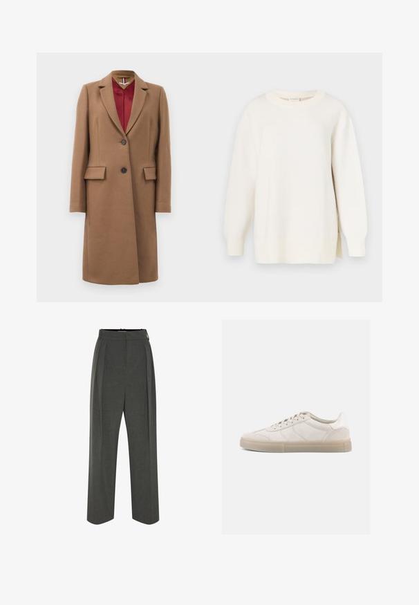 Lang uldfrakke i kamelfarve med reverskrave, to forreste knapper, klaplommer og rød satinforing synlig ved halsen.; Kremfarvet sweater med tekstureret strik, rund halsudskæring og en let oversized pasform. Har lange ærmer og sidesplitter ved kanten.; Grå viddebukser i tekstureret stof med højtaljet pasform og forreste læg. Designet har en glat linning uden synlige lukninger.; Beige ruskindssneakers med lav profil, der har en struktureret overdel, tonale sømme og en lys gummisål. Snørebånd fuldender designet.