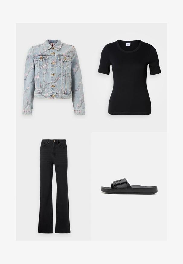 Lyseblå denimjakke med lyserød blomstergrentryk, knaplukning foran, to brystlommer med klap og lange ærmer.; Sort t-shirt med korte ærmer fremstillet af blød bomuld. Har rund halsudskæring og en tætsiddende pasform med minimale syningsdetaljer.; Sorte højtaljede denim jeans med foran knap, bæltestropper og let udvidede ben mod en hvid baggrund.; Sort sklidesandal med bred rem, justerbart spænde, flad sål og glat mat tekstur. Enkel design uden ekstra mønstre.