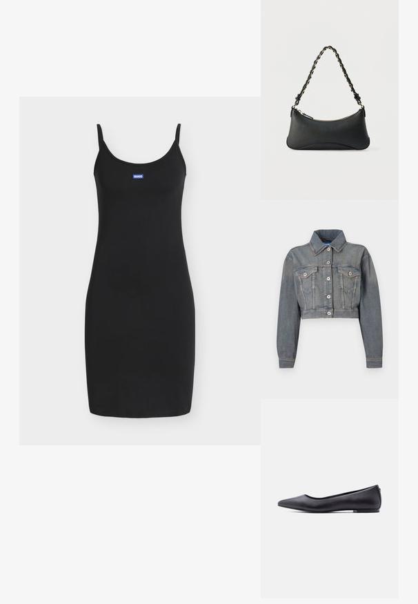 Veste en denim raccourcie de couleur bleu clair avec un col classique, des manches longues, des poches avant et des fermetures à boutons avec une quincaillerie de ton argenté.; Robe noire ajustée sans manches avec fines bretelles et petit patch rectangulaire bleu avec logo centré sur la poitrine portant la mention "HUGO".; Chaussure plate en cuir noire à bout pointu avec petit talon, vue de profil sur fond blanc.; Sac à bandoulière en cuir noir de forme rectangulaire incurvée, avec une chaîne dorée tissée dans la bandoulière noire tressée et une fermeture éclair sur le dessus.