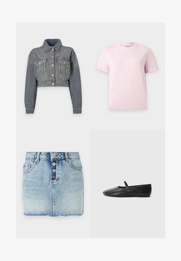 Veste en denim raccourcie de couleur bleu clair avec un col classique, des manches longues, des poches avant et des fermetures à boutons avec une quincaillerie de ton argenté.; T-shirt rose clair à manches courtes et col rond avec un logo "Calvin Klein" en relief subtil centré sur la poitrine.; Mini-jupe en jean bleu clair avec fermeture à boutons sur le devant, passants pour ceinture et ourlet brut.; Ballerines noires en cuir avec un bout pointu, une semelle plate et une petite sangle avec un détail de boucle en argent.
